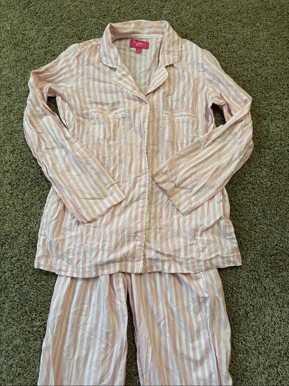 Victoria's Secret Pink White Striped Cotton Shimmer Pajama Set 2 PC Medium